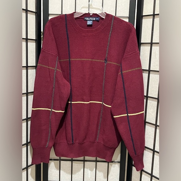 Nautica VINTAGE BURGUNDY WINDOWPANE PATTERN GRANDPA CORE Sweater SIZE L